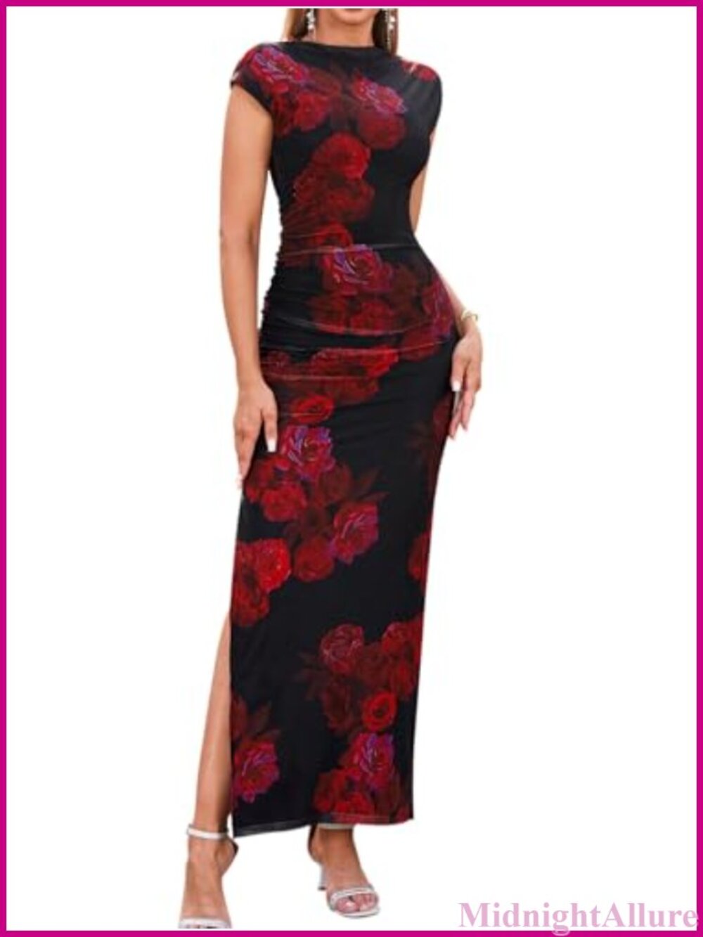 Floral Maxi Dress Ruched Bodycon Mock Neck Cap Sleeve Mesh Women Wedding Guest